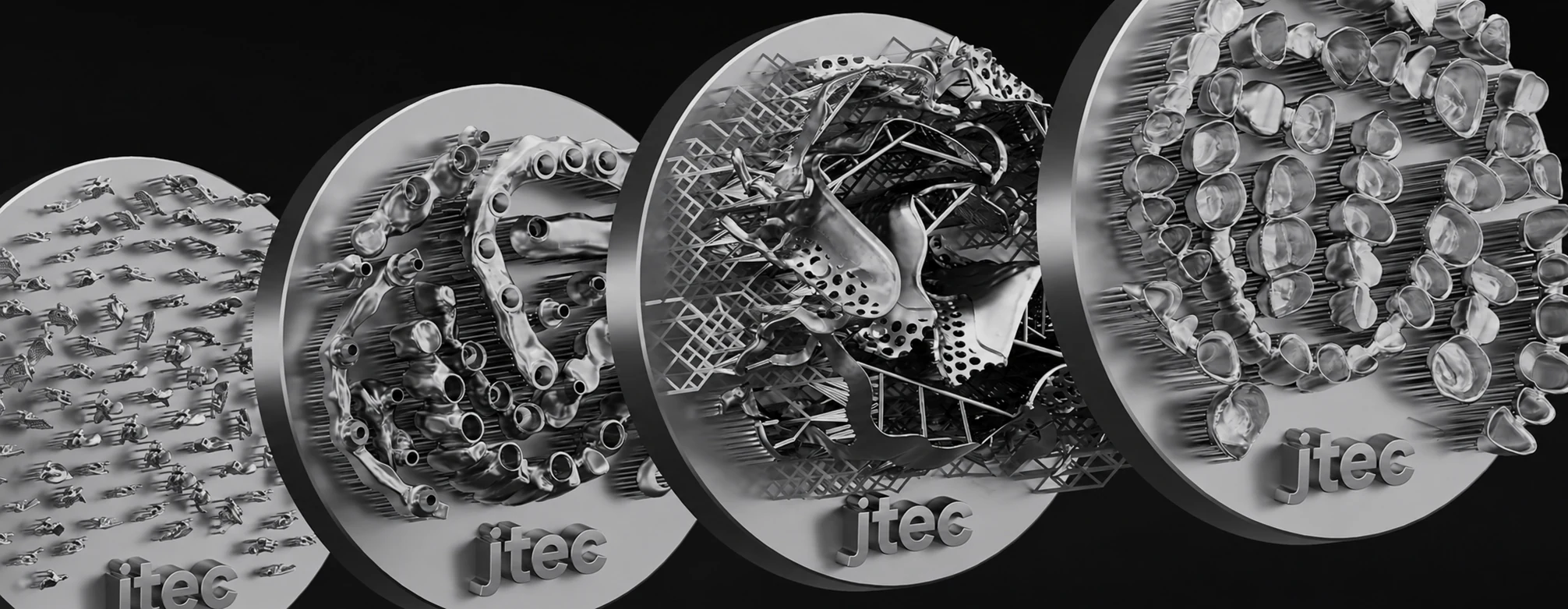 Four metal 3D-printing build plates displaying crowns and bridges, removable frameworks, implant-supported bridges and custom abutments, with raised jtec lettering
