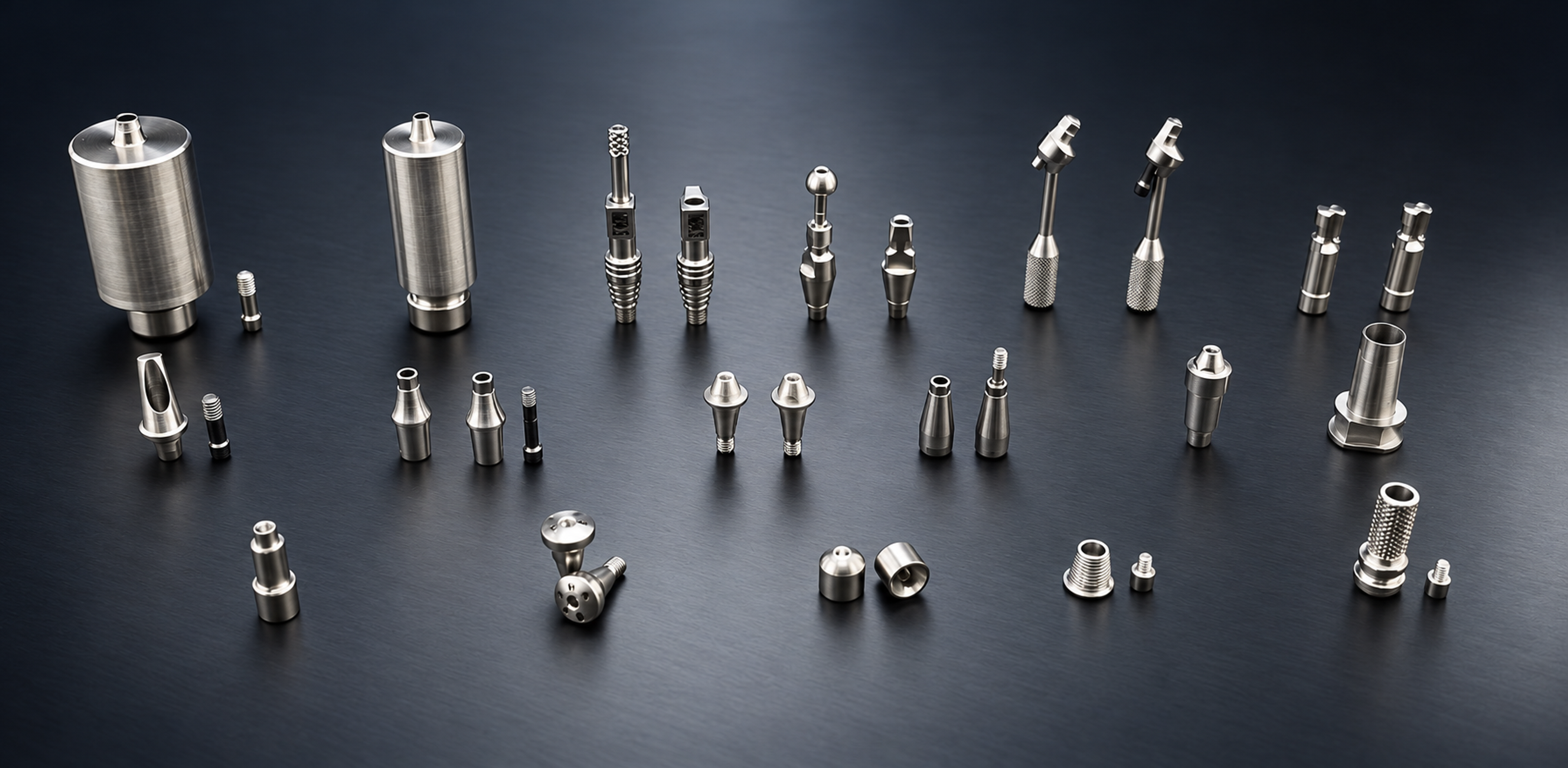 Titanium implant products and precision components displayed on a charcoal gradient background